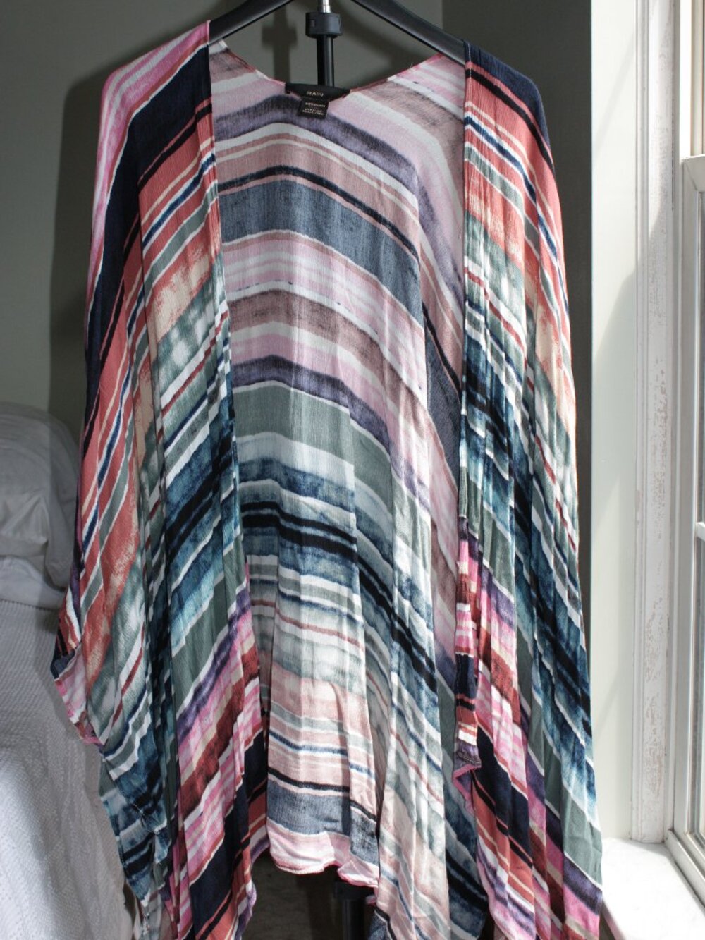 Rain Plus Multicolor Watercolor Stripe Open Front Kimono Duster Cardigan OS